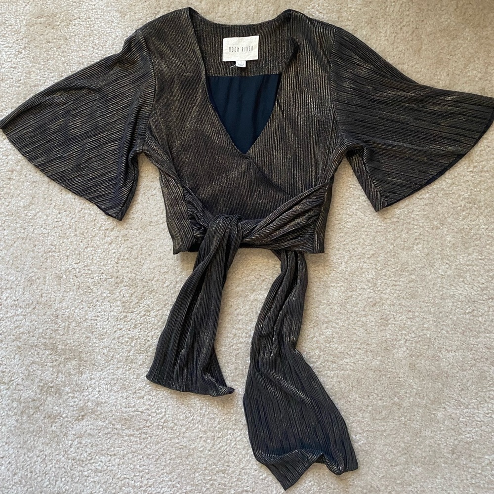 Moon River Metallic Wrap Top